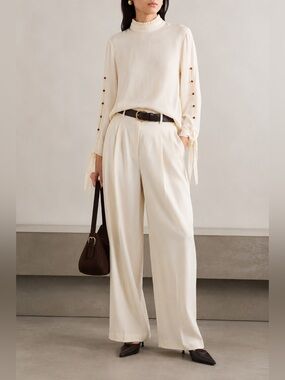 Equipment Ivory Silk Mock Neck Pleated Tie Sleeve Blouse | Button Detail | S
